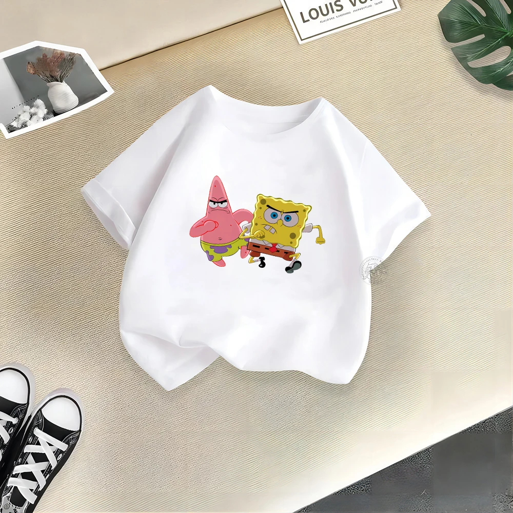 Spongebob Summer Comfort 100% Cotton Cute Boys Girls Cotton T-shirt Creative Print Street Y2K Casual Cotton Boys Girls Top