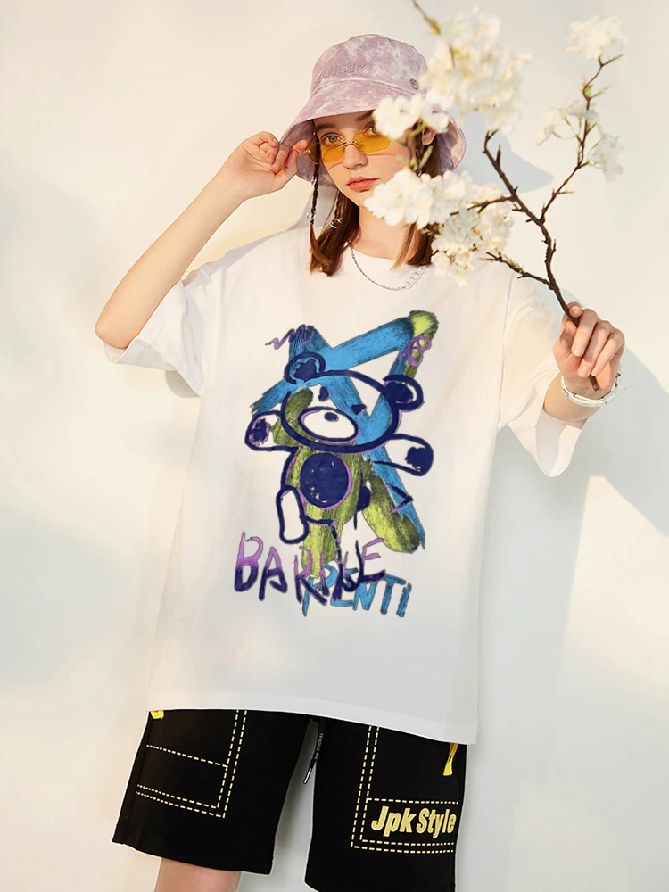 Cartoons Bear Doodle Y2k T-Shirt Female Loose Breathable Short Sleeve Breathable Cotton Brand Tshirt Crewneck Casual Streetwear