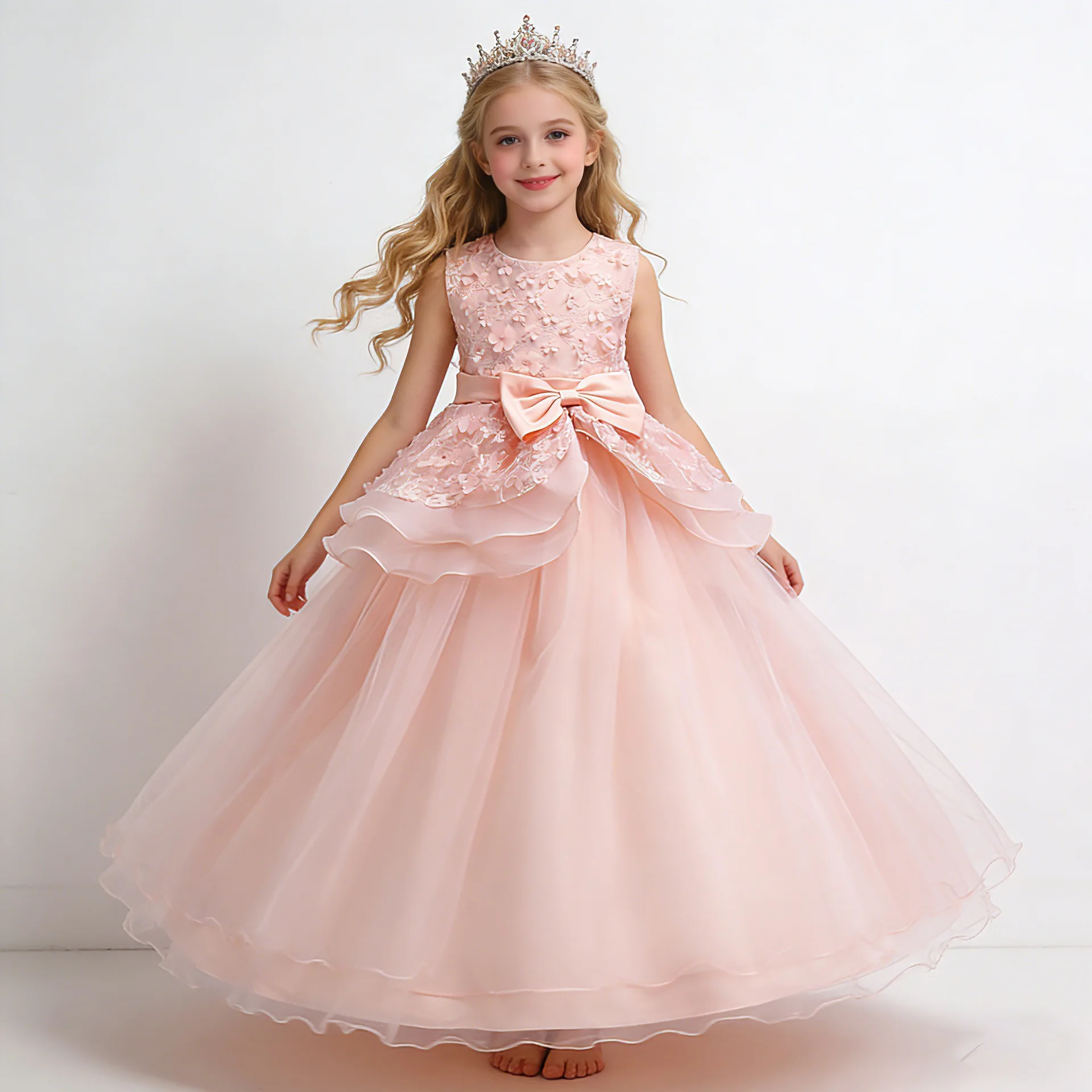 Flower Girl Dress Sleeveless 3D Floral Lace Applique Satin Bow Ruffle Layer Long Tulle Skirt Kids Birthday Party Pageant Gown
