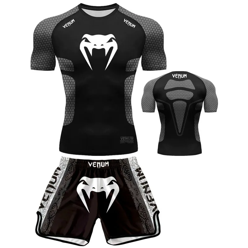 Conjunto de Camiseta y Pantalones Cortos de Muay Thai y Boxeo, Estilo Venom UFC, de Secado Rápido, Transpirable, de Poliéster, para Entrenamiento