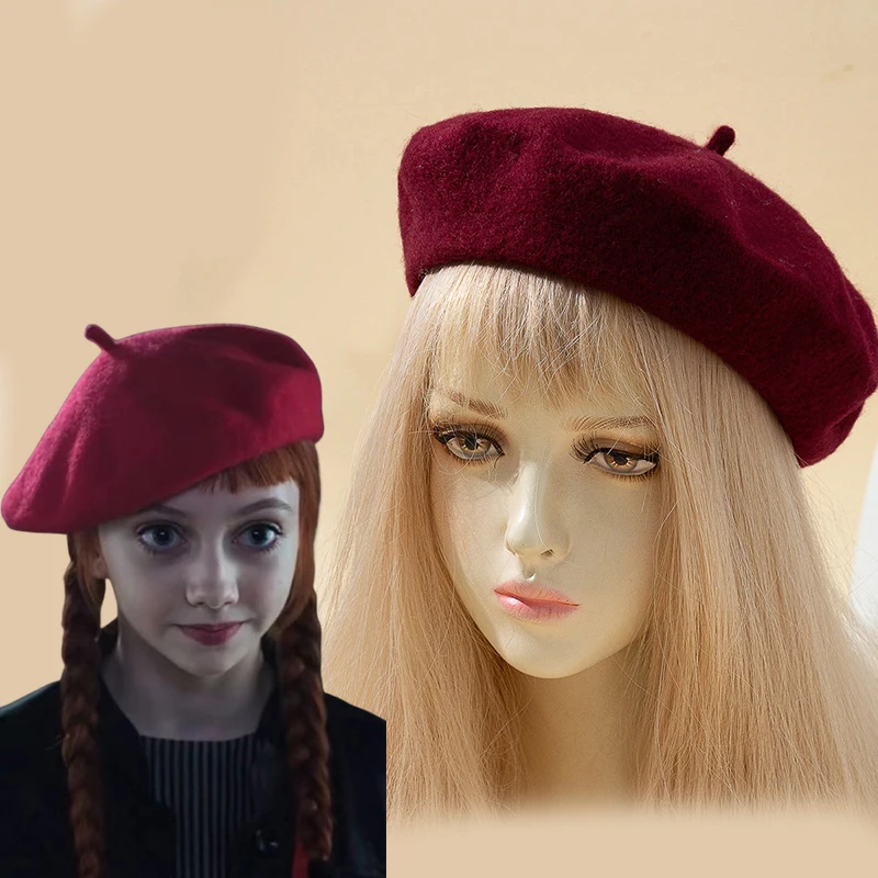 

Hot TV Series Wednesday 2 Agnes Cosplay Hat Girl Cute Vintage Wool Beret Autumn Winter Red Warm Cap Halloween Costume Accessory