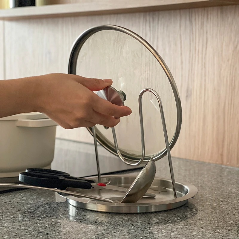 304 Stainless Steel Pot Lid Organizer Kitchen Utensil Holder for Spoons Cookware Storage Rack Space-Saving Countertop Shelf