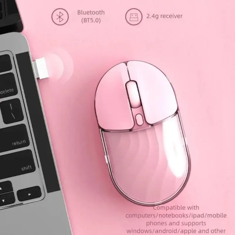 Mini Transparent Wireless Mouse 2.4G Bluetooth Dual Mode Type-C Rechargeable Silent 1600 DPI Mini Computer Mice PC Peripheral