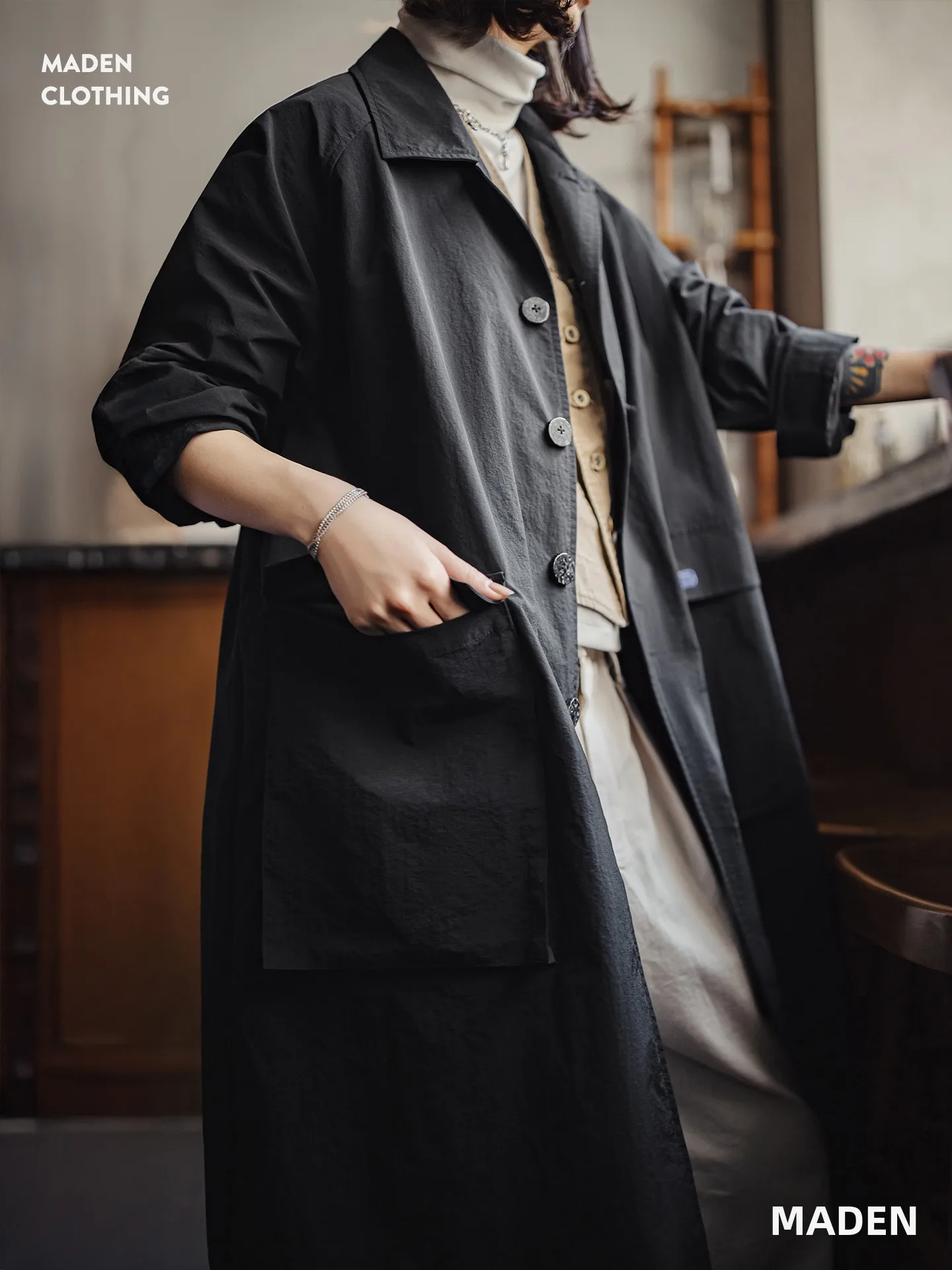 

Maden Bla Lapel Loose Long Thin Coat Casual Workwear Sle Women's Tall Early Autumn Outerwear Simple Commute Nylon Fiber