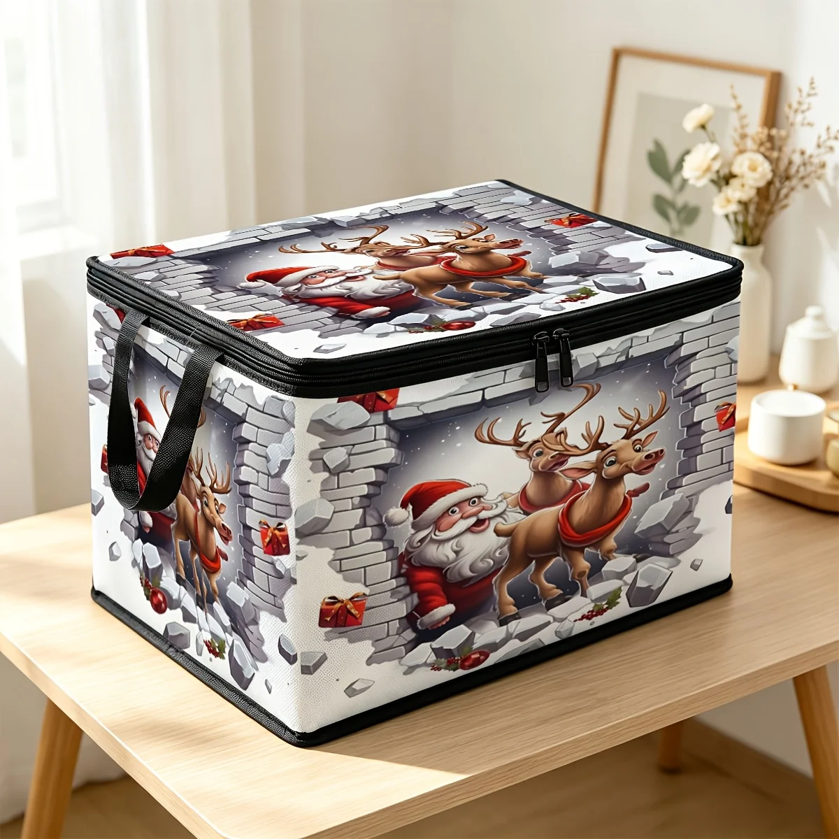 Lidded Storage Box With Santa Claus With Reindeer, Durable Zipper, Large Capacity, For Wardrobe Organization, Underbed Storage