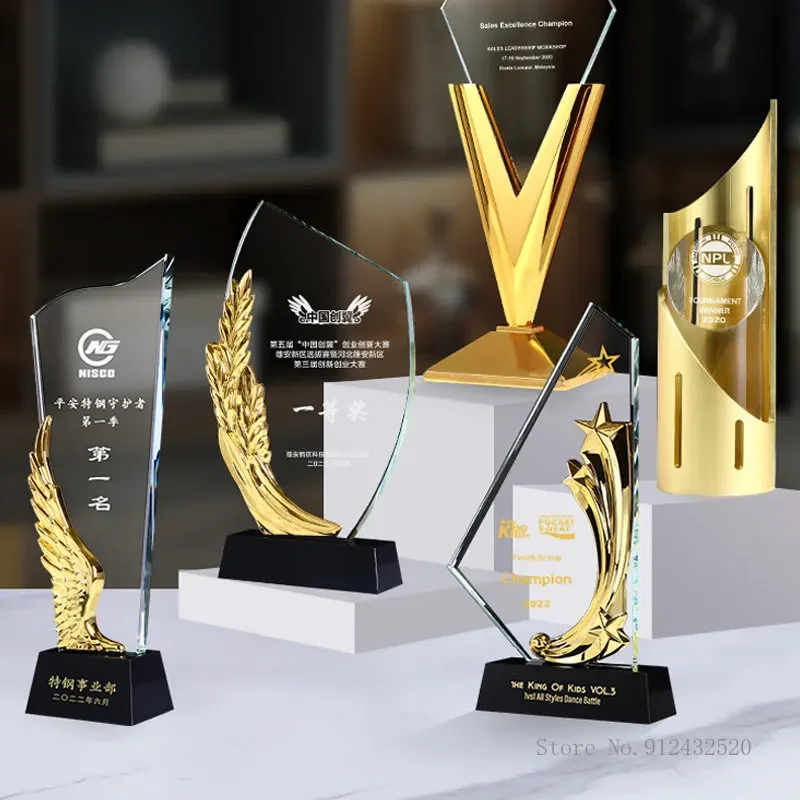 

Customized Trophy creative metal crystal high-end excellent staff award annual gold silver and copper optional home decor trophy