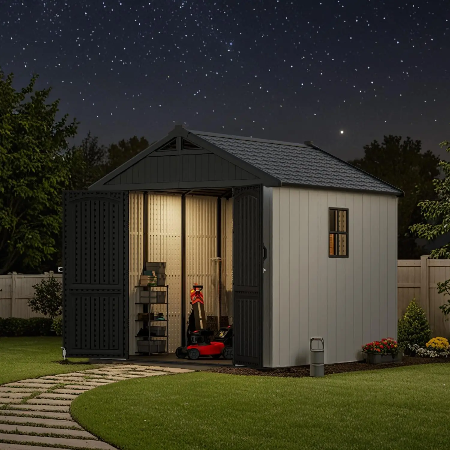 سقيفة تخزين خارجية من الراتنج مقاس 8 × 8 أقدام مع أرضية، سقيفة كبيرة مع باب خفيف وقابل للقفل للحديقة والفناء الخلفي واستخدام تخزين الأدوات