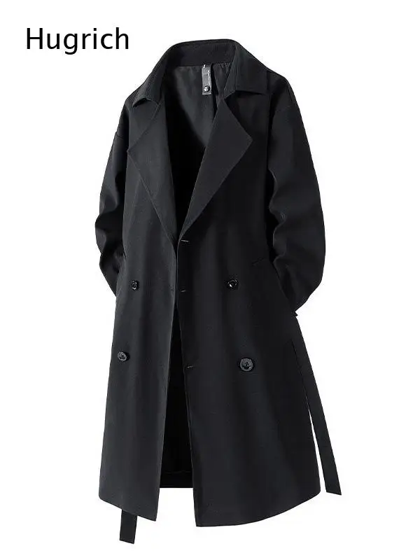 Men Black Double Breasted Belted Long Trench Coat Lapel Collar Windproof Overcoat