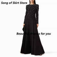 Black Evening Dress Customized O Neck Long Sleeve A Line Jersey Beading Luxury Evening Gowns Floor Length Formal Party Dress