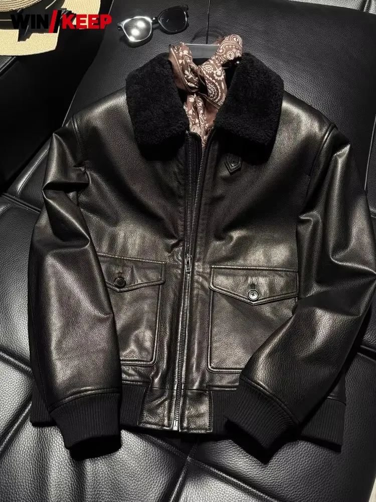 Vintage Goatskin Pilot Jacket Men New Winter Warm Thicken Punk Genuine Leather Coat Casual High Street Motorcycle Short Jackets