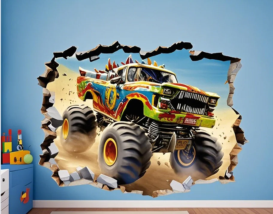 3D breakthrough  monster truck VINYL   removable Wall Sticker Decor self-adhesive