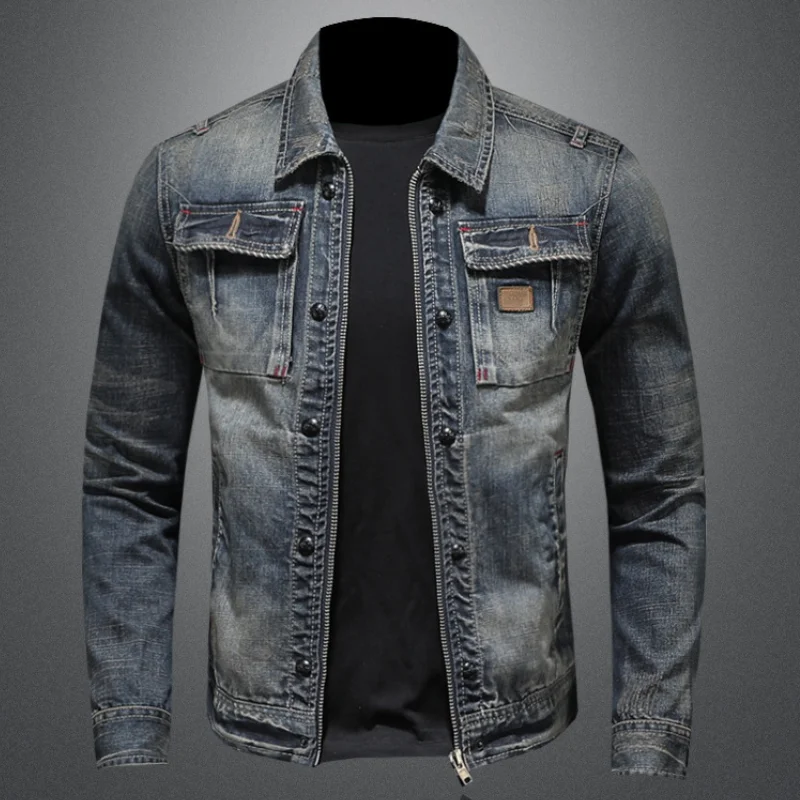 Men Jacket Dark Blue Motorcycle Fashion Denim Jacket Trend Slim Fit Casual Retro Daily Handsome Denim Jacket