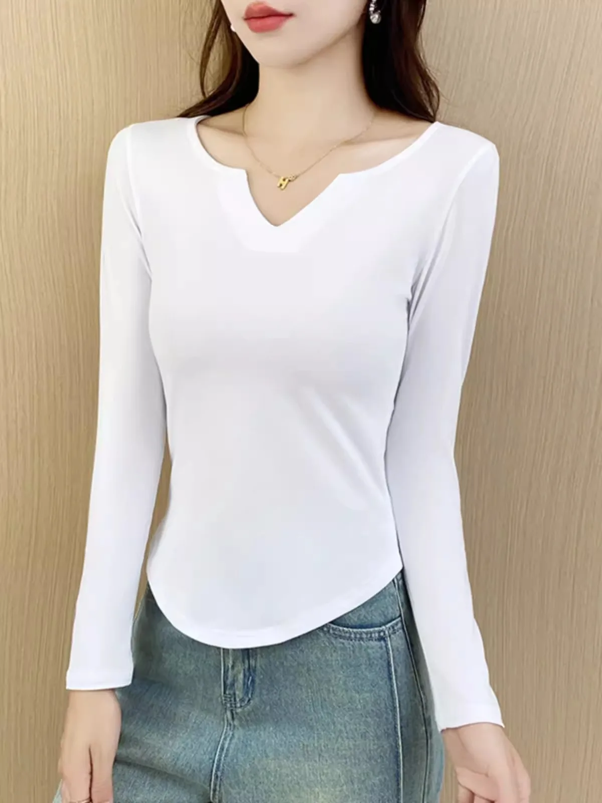 Women Clothings for Winter Spring Autumn Women Cotton Solid Color Undershirt All match V-neck Long Sleeve Tops for Women