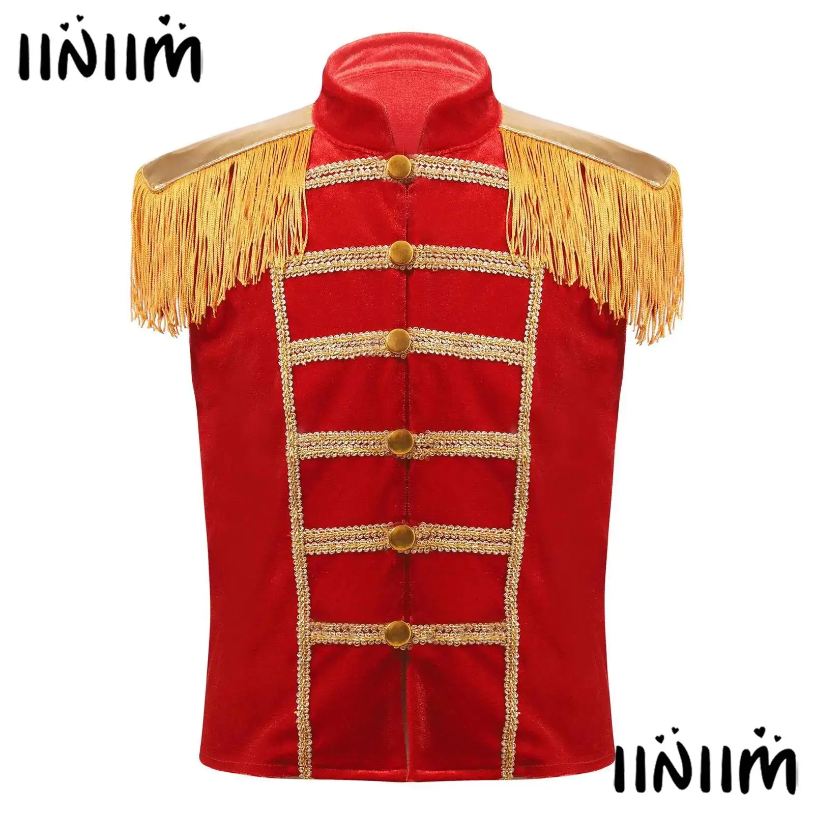 

Kids Halloween Circus Ringmaster Showman Cosplay Costume Sleeveless Fringe Epaulet Gold Lace Decoration Buttons Vest Waistcoat