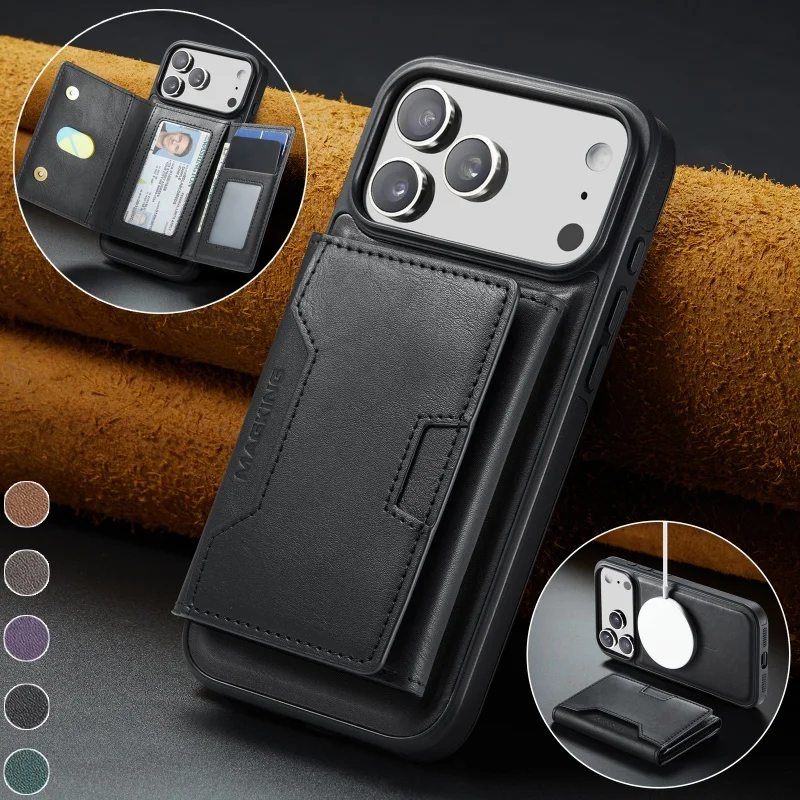 

2 In 1 for Magsafe Leather Wallet Phone Case for iPhone 17 Air 16 Pro Max 16E 15 Plus 14 13 12 Flip Card Holder Cover Hoesje Bag