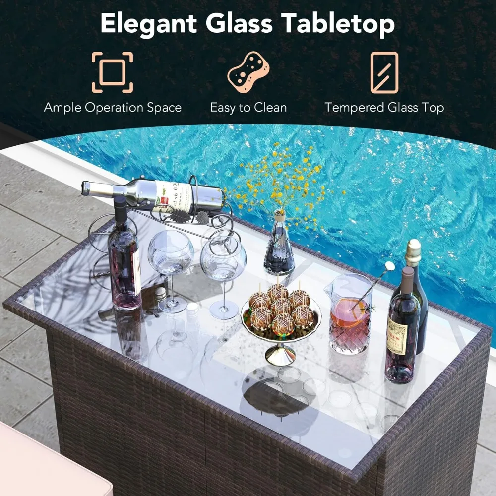 3 Piece Patio Bar Set, Outdoor Rattan Bar Table and 2 Stools with Tempered Glass Tabletop, 2-Tier Storage, Removable Cushions