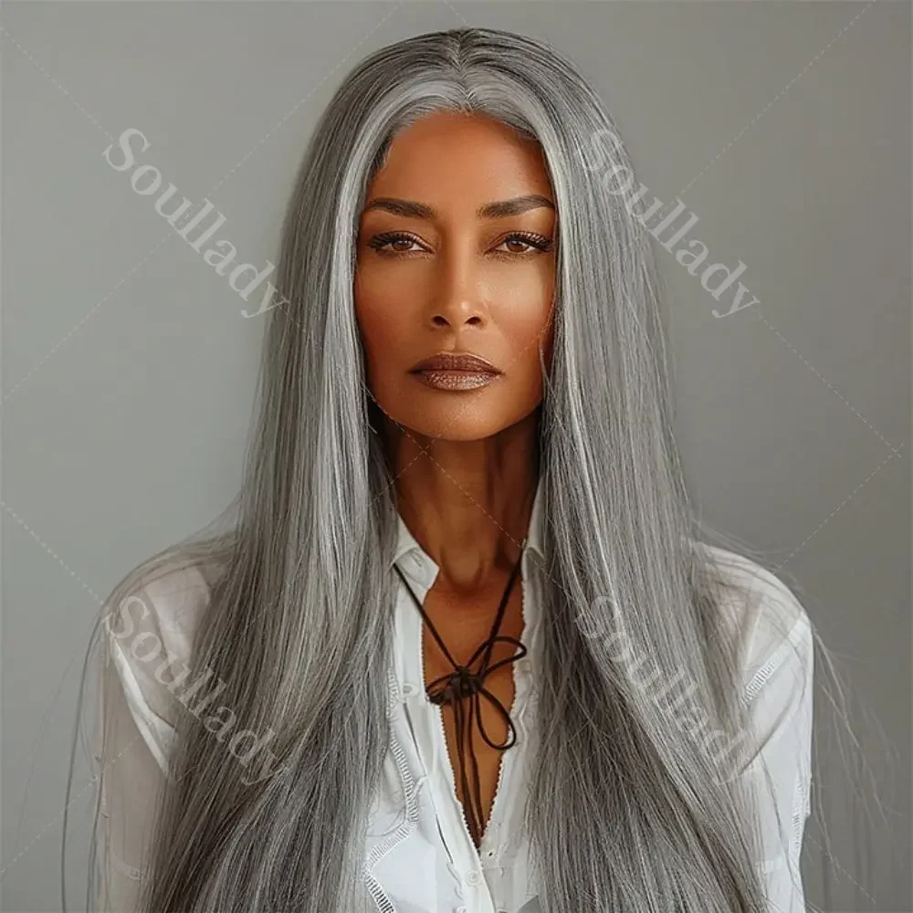 

Salt And Pepper Wig Straight Hair Long Wig 5x5 HD Lace Closure Wigs Grey Glueless Virgin Human Hair For Elegant Seniors Women