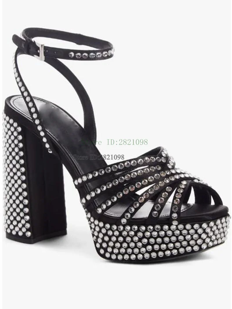 

Crystal Embellished Platform Sandals Black Women High Heel Sandals Ankle Strap Chunky Heeled Wedding Party Shoes Summer Sandals