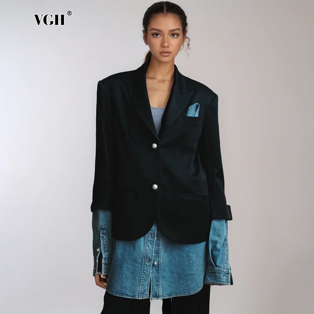 VGH Spliced Denim Casual Chic Blazers For Women Notched Collar Long Sleeve Patchwork Single Breasted Slimming Blazer Female New