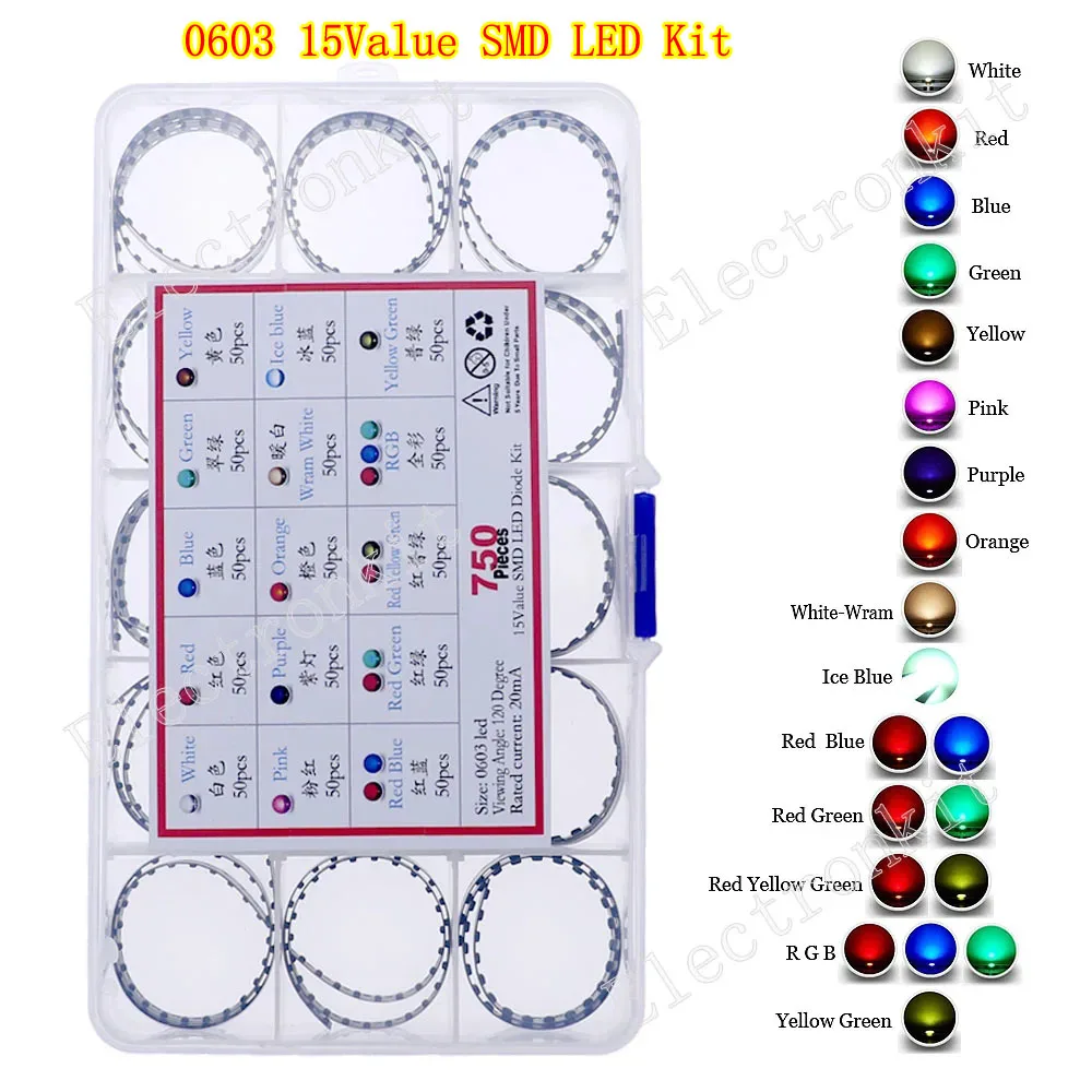 0402 0603 0805 1206 1210 5730 5050 zestaw mieszany LED SMD ciepły chłodny biały czerwony zielony niebieski żółty pomarańczowy UV różowy szybkie