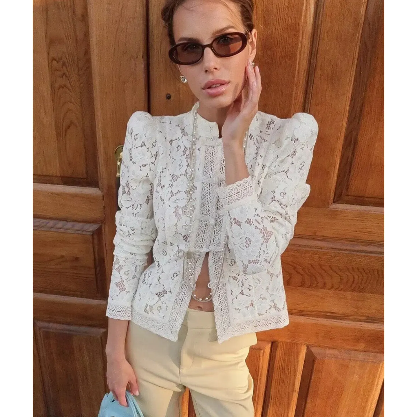 Winter nieuwe dames casual lange Sve opstaande kraag kant haak borduurwerk irt top polyestervezel dun pe dagelijks gebruik dichtgeknoopt