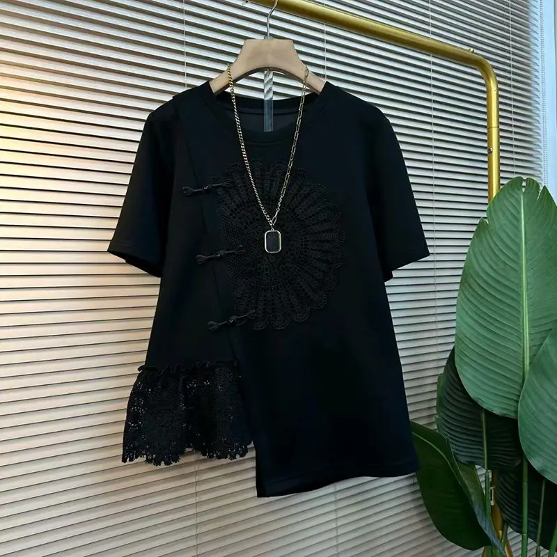 Customization Trend Lace Patchwork Irregular Loose T Shirts Summer Short Sleeve Plus Size Street Casual Tops Fashion Vintage Wom