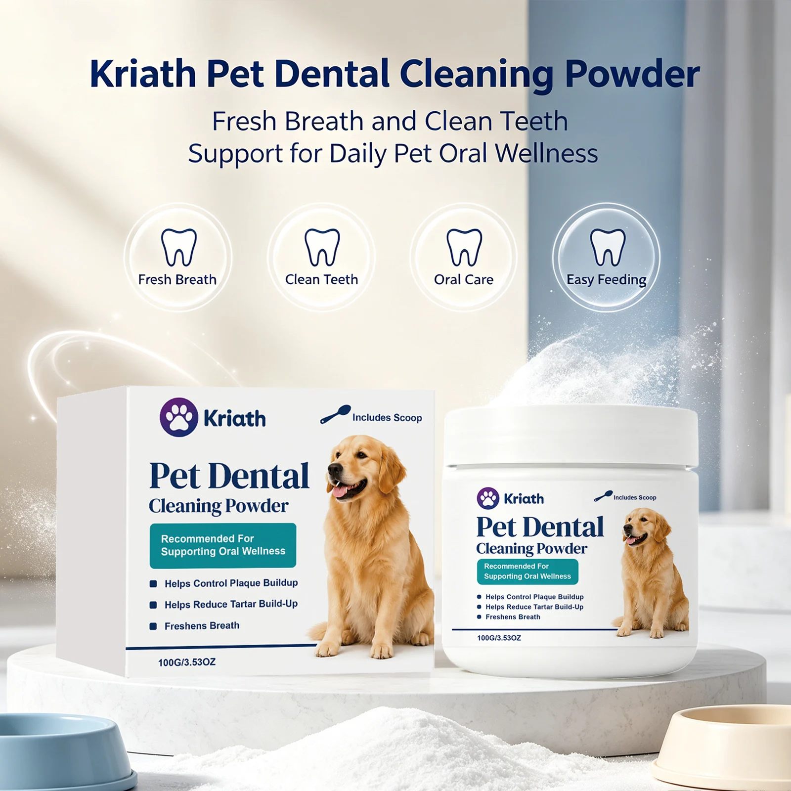 Kriath Pet Dental Cleaning Powder Remove Tartar Reduce Plaque Build‑up Freshens Breath Daily Dog Oral Wellness Supplement Powder