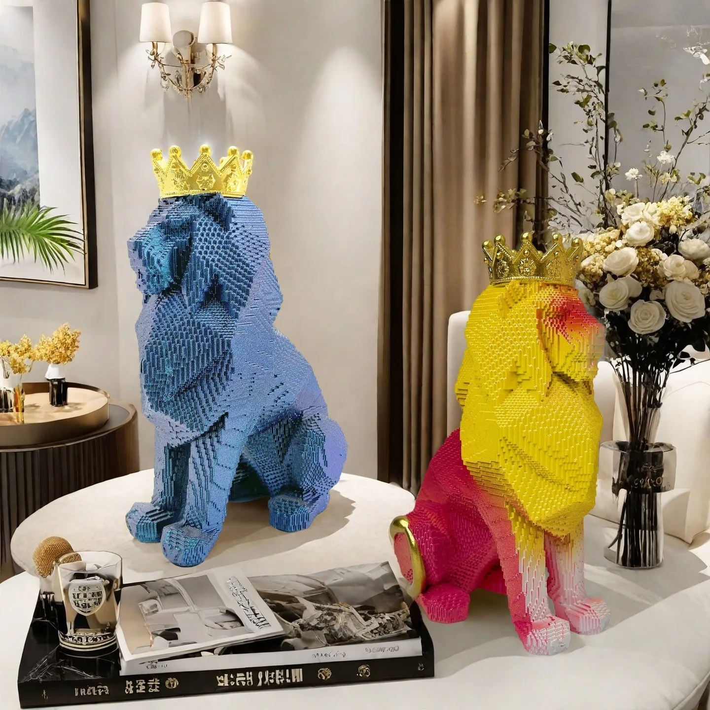 Nordic Luxury Colorful Crown Lion Statue Creative Resin Figurine Home Decor Office Hotel Desktop