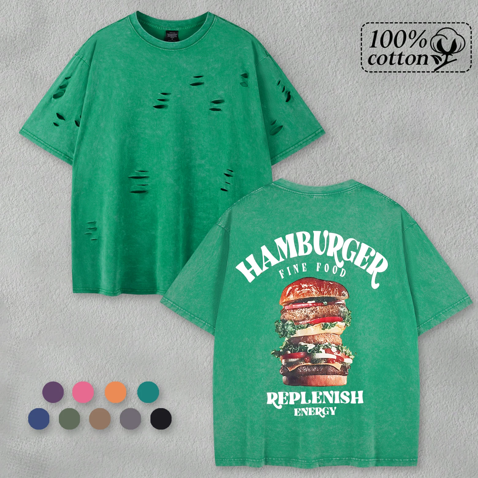 

A Huge Hamburger Prints Washed Male Holes T-Shirts Summer Breathable O-Neck Tee Cotton Vintage Top All-Match Trendy Streetwear