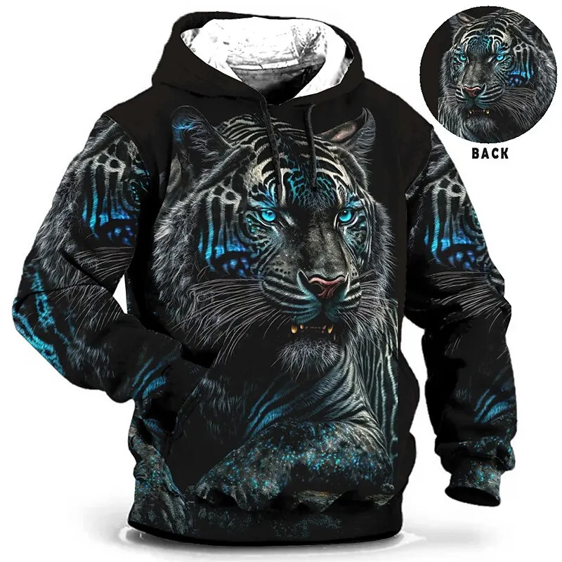 

3D Print Tiger Pattern Men's Hoodies Fashion Creative Animal Graphic Long Sleeved Tops Loose Comfortable Outdoor Casual Clothing