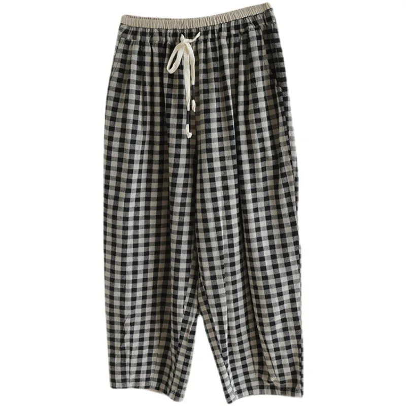 Nouveau rétro ample coton lin Plaid taille élastique lanterne pantalon pour l'été printemps 2025 pantacourt à la mode poche pantalon