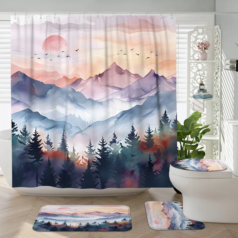 1pc/4pcs Mountain Forest Sunset Tree Green Orange Shower Curtains, with 12 Hooks 180.34×180.34 cm Waterproof Polyester Fabric Ba