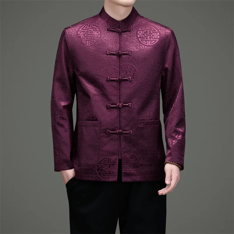 Chinese Elements Jacket Shirts For Men Long Sleeve Stand Collar Autumn Quality Tang Costume Frog Button Luxury Camisas De Hombre