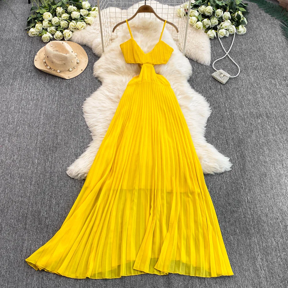 Vestido largo amarillo Tropical para vacaciones en la playa para mujer, vestido plisado de gasa con cintura hueca, vestido con vuelo fluido, vestidos bohemios para banquetes y cena
