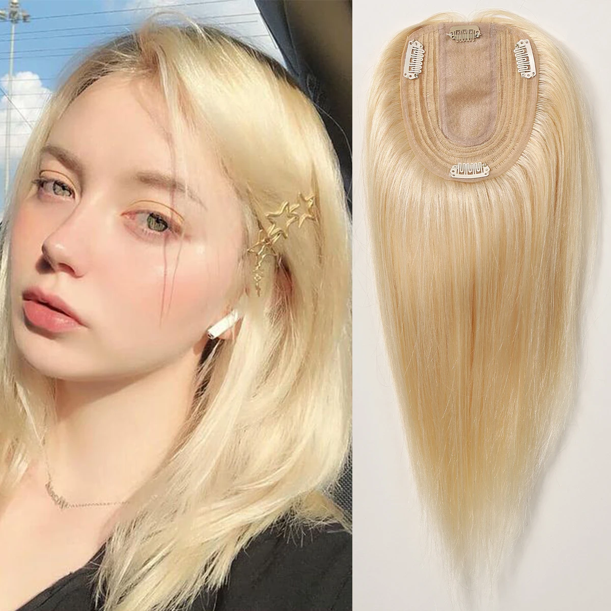 

100% Remy Human Hair Toppers for Women 613 Blonde Hair Pieces 12 Inch Middle Part Hair Topper Silk Base Clips in Hair Extension