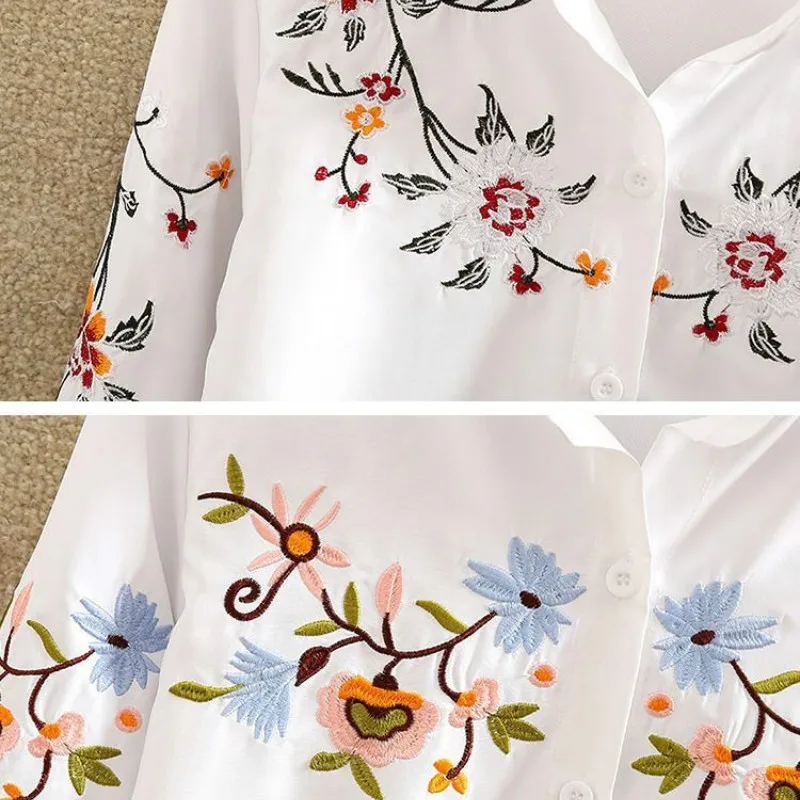 Shirts Office Work Tops Button Down ShirtsCotton Feather Embroidery White Long Blouse Women Long Sleeve Art Loose Ladies