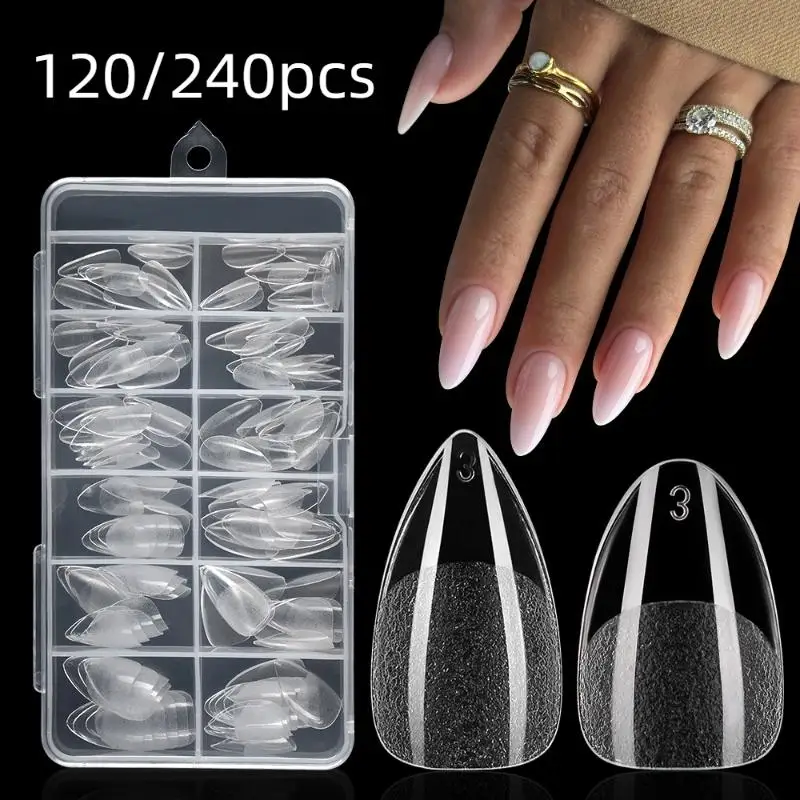 120/240 Uds punta de uña falsa mitad esmerilada almendra prefabricada medio mate prensa en extensión de uñas postizas para una pequeña cama de uñas 12 tamaños en caja