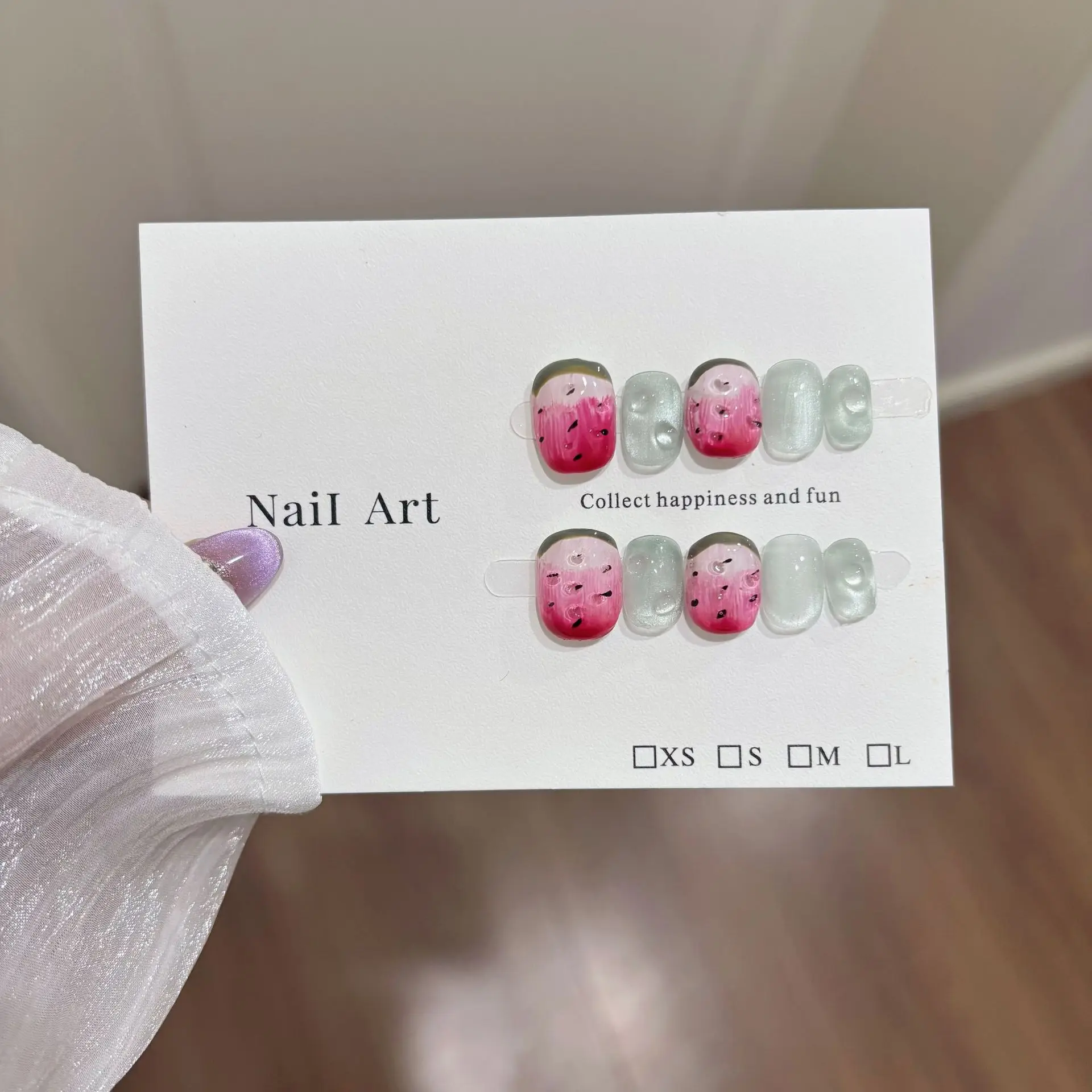 

10pcs Handmade Press on Nails Watermelon Glitter False Nail Art for Women&Girl Short Detachable Wearable Fake Nail Daily Wear