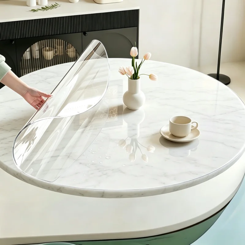 120cm Round Clear Frosted Table Mat 1.1mm Thick Waterproof Plastic PVC Desk Protector Transparent Tablecloth Cover for Dining