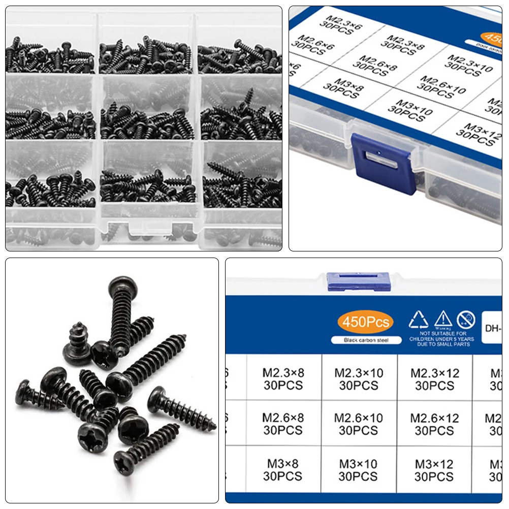 

450Pcs Cross Round Head Self Tapping Screws Set Premium Sturdy Carbon Steel Durable Fixing Screws Kit for Household Use