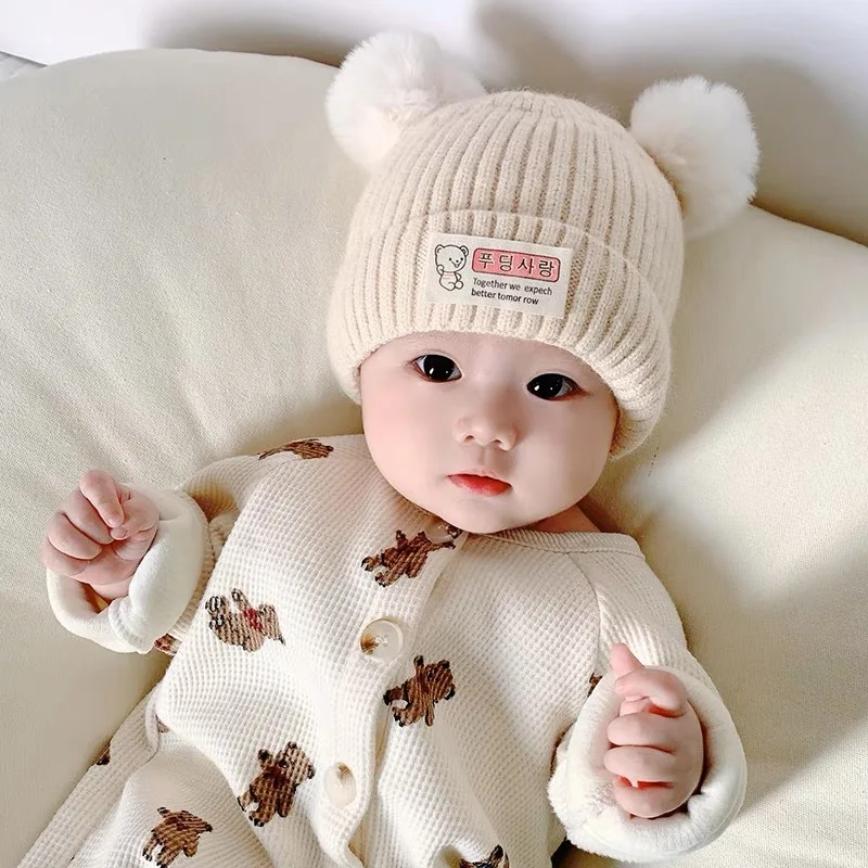 Winter Children Warm Baby Knitted Hats with Pom Pom Kids Knit Beanie Hats Solid Color Children\'s Hat for Boys Girls Accessories