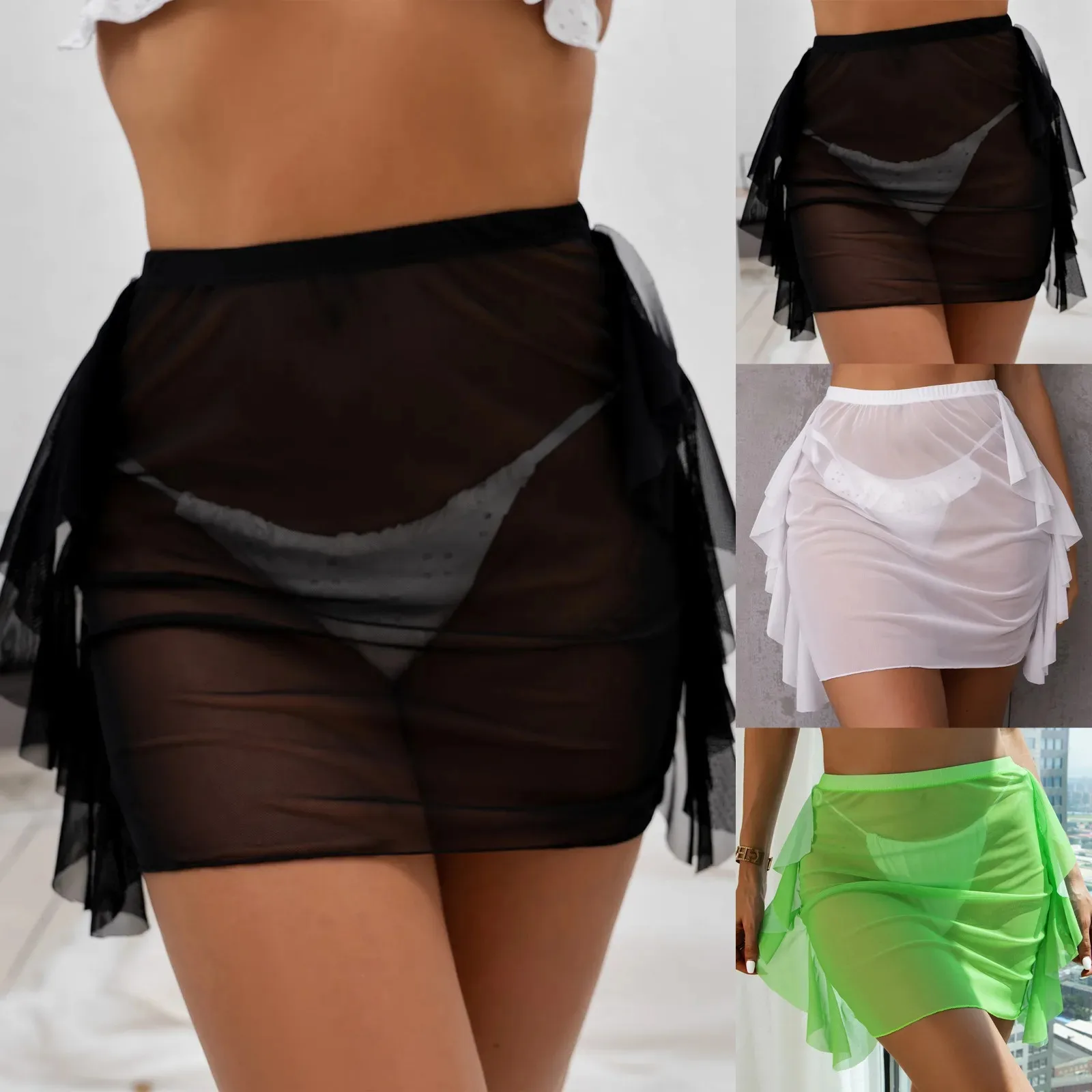 Женская прозрачная пляжная юбка с рюшами, накидка, сексуальная пляжная пляжная одежда с высокой талией, купальники для девочек-подростков, новое модное пляжное платье с запахом