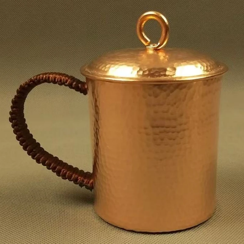 

Vintage Pure Copper Moscow Mule Coffee Mug,With lid Engraved Hammer Texture Durable Beer 500 ml Tumbler Weave Handle Tea Cup