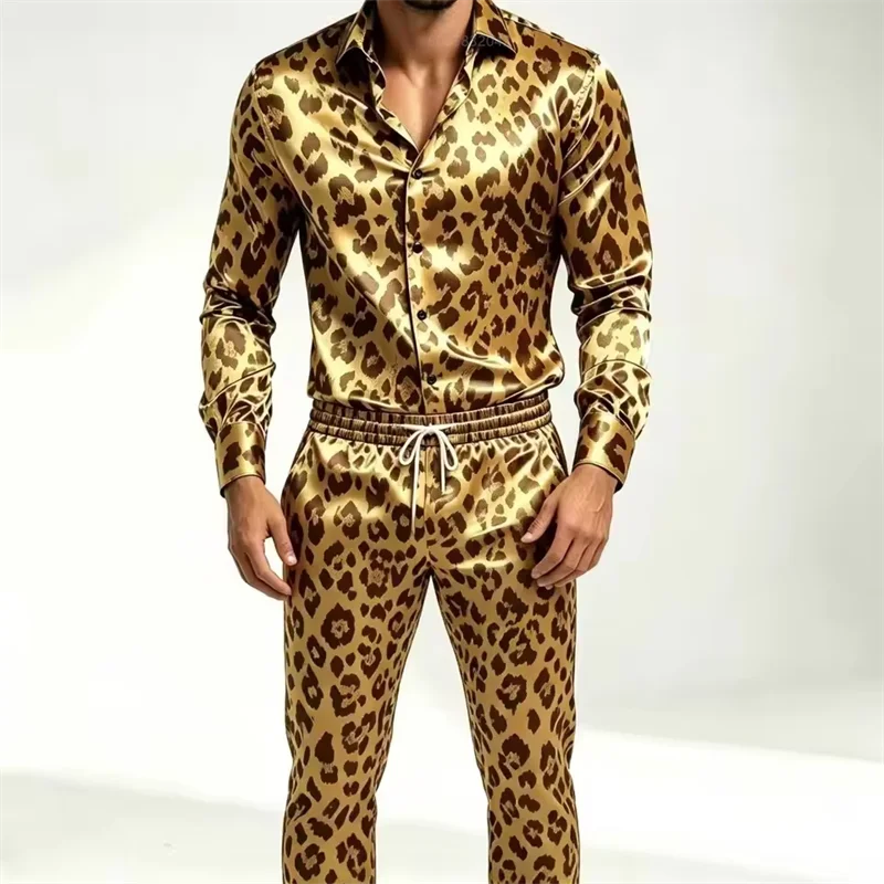 Men Leopard Print Satin 2‑Piece Outfit Long Sleeve Button Shirt Drawstring Pants Luxury Silky Casual Home Suit