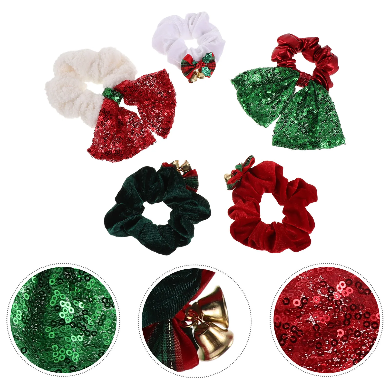 

5Pcs Christmas Scrunchies Shiny Holiday Hair Bands for Bells Bows Sequins Elastic Ponytail Ties for Winter Celebration