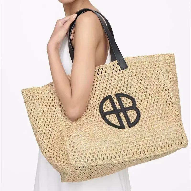 Raffia Crochet Bucket straw tote bag  women handmade large capacity summer beach woven handbag  khaki natrual 2023 new