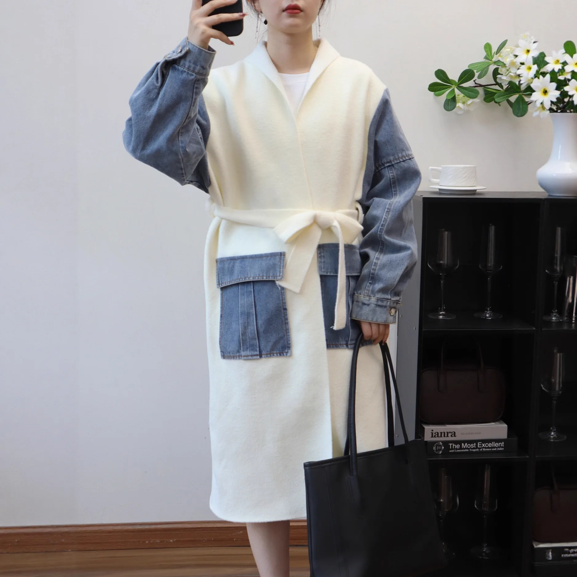 

SuperAen Long Belt Patchwork Denim Knitted Double-sided Tweed Cardigan for Women 2026 Autumn New Design Elegant Sweater Jacket