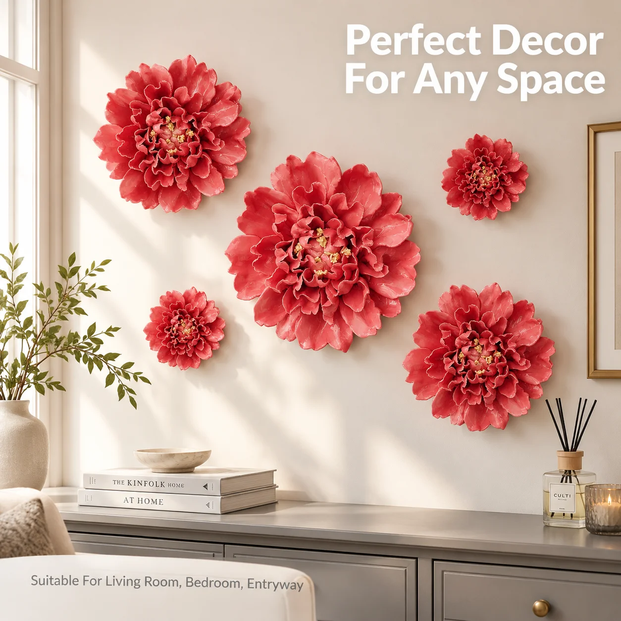 3D Ceramic Flower Wall Decor Creative Floral Wall Art for Living Room Bedroom TV Background Wall Hanging Home Interior Sculpt