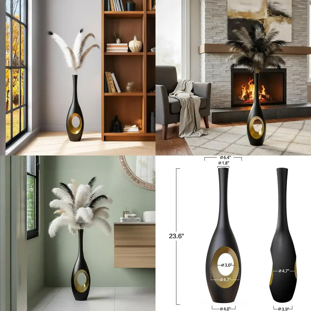 

Modern Oval Floor Vase with Gold Accents and Slim Neck - Tall Resin Vase for Elegant Home and Office Decor