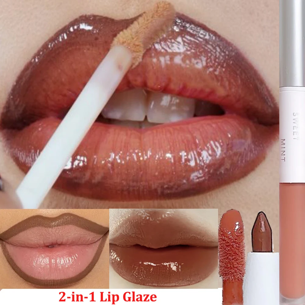 Double-ended Lip Glaze Lipliner 2 IN 1 Jelly Water Shiny Mirror Glass Plumping Lip Gloss Non Sticky Long-Lasting Lipstick Makeup